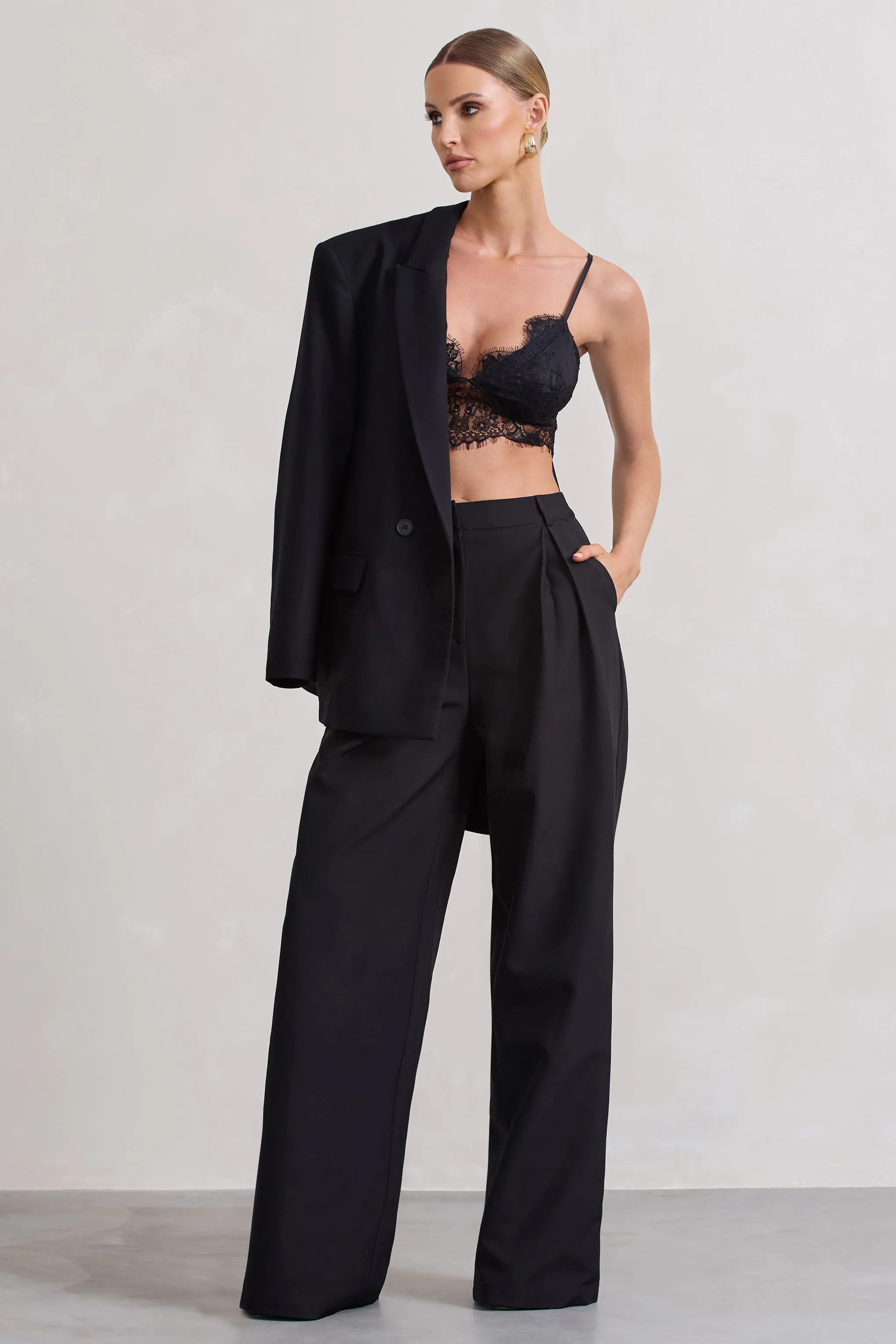 Raina | Black High Waist Pleated Wide-Leg Trousers sold by Club L London