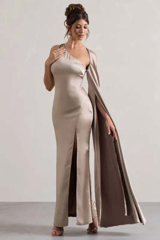 Gala | Taupe Satin One-Shoulder Cape Sleeve Split Maxi Dress sold by Club L London