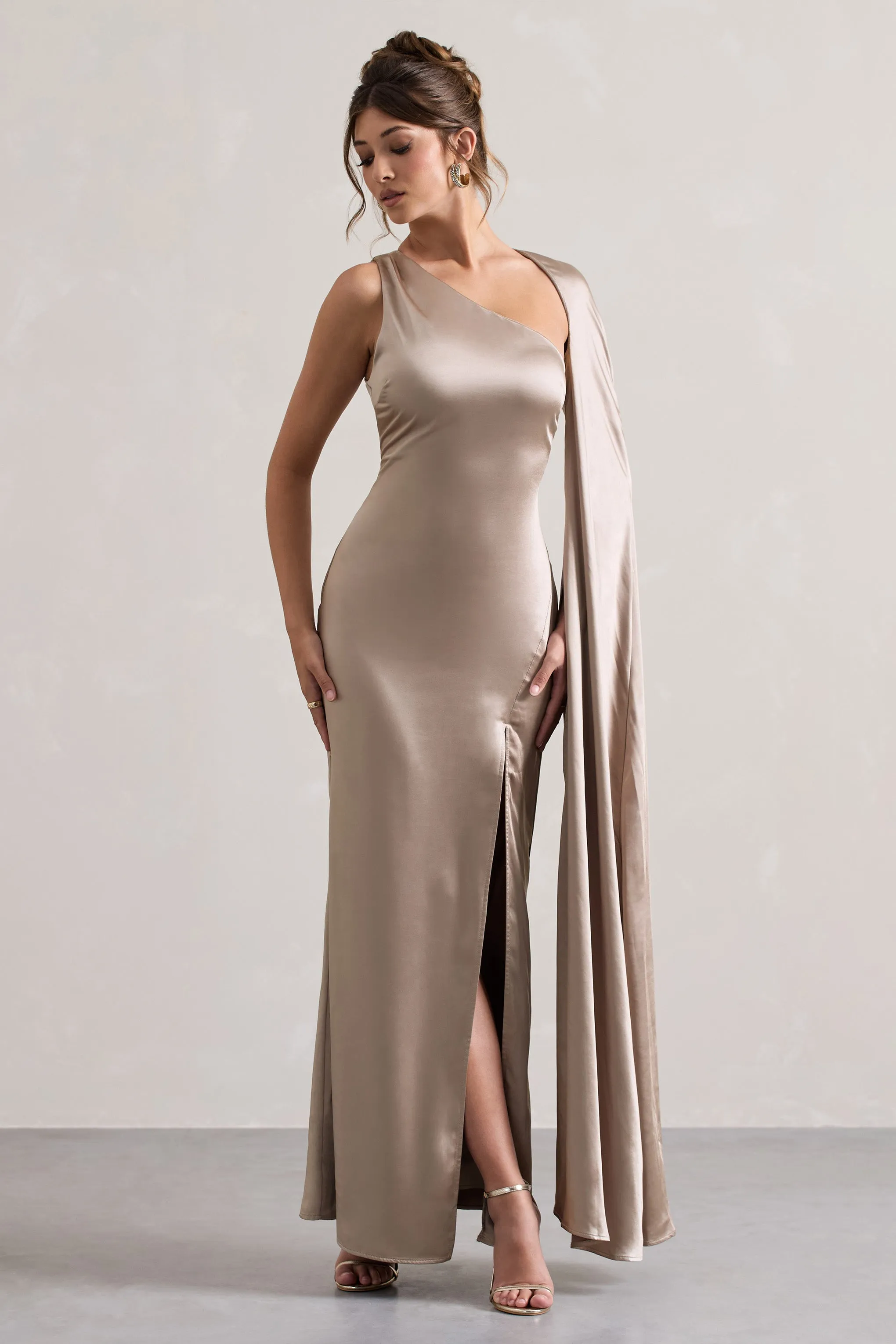 Gala | Taupe Satin One-Shoulder Cape Sleeve Split Maxi Dress sold by Club L London product image thumbnail 4