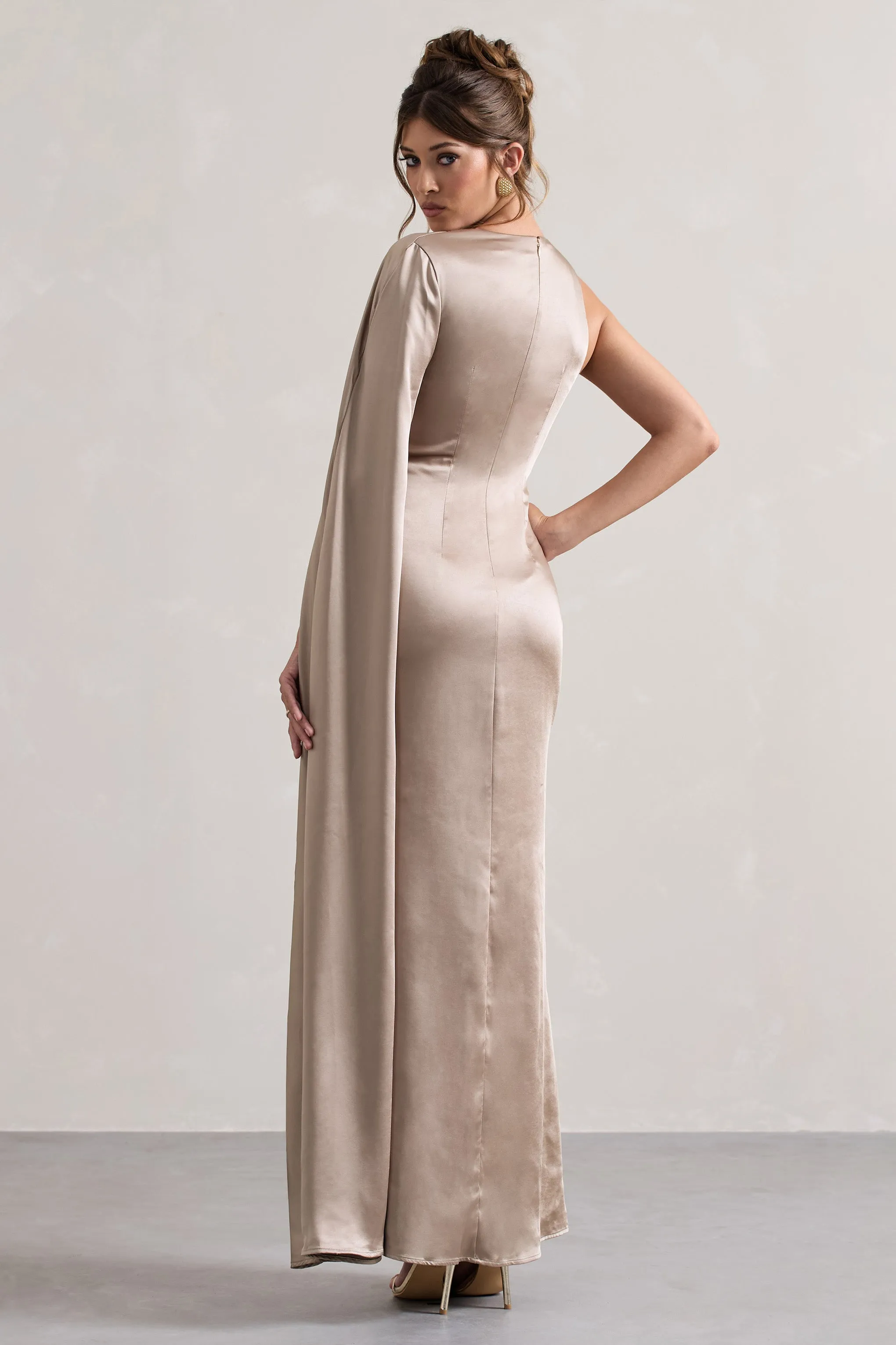 Gala | Taupe Satin One-Shoulder Cape Sleeve Split Maxi Dress sold by Club L London product image thumbnail 2