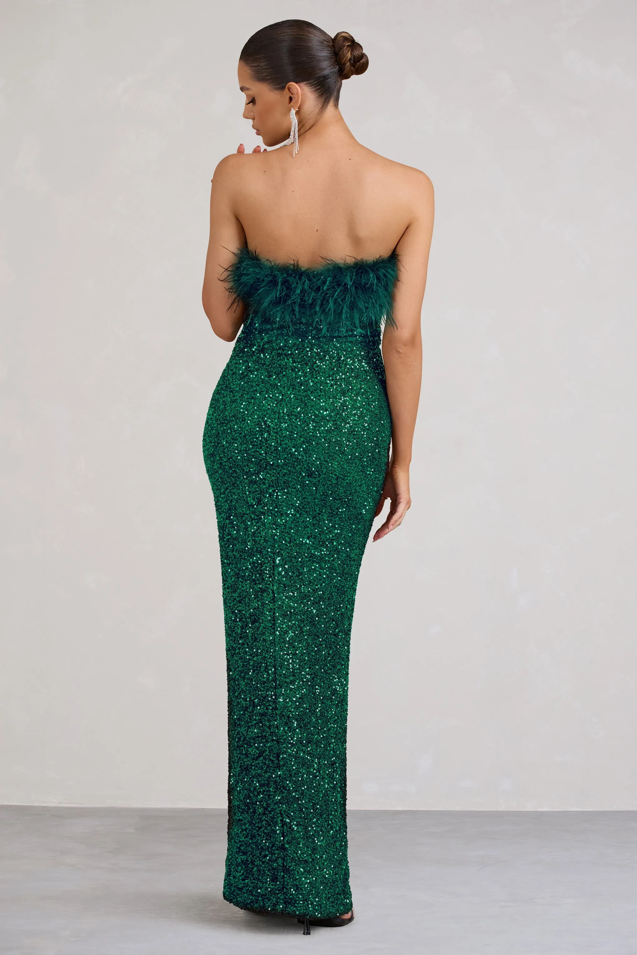 Old Money | Bottle Green Bodycon Sequin Maxi Dress With Feather Trim sold by Club L London product image thumbnail 2
