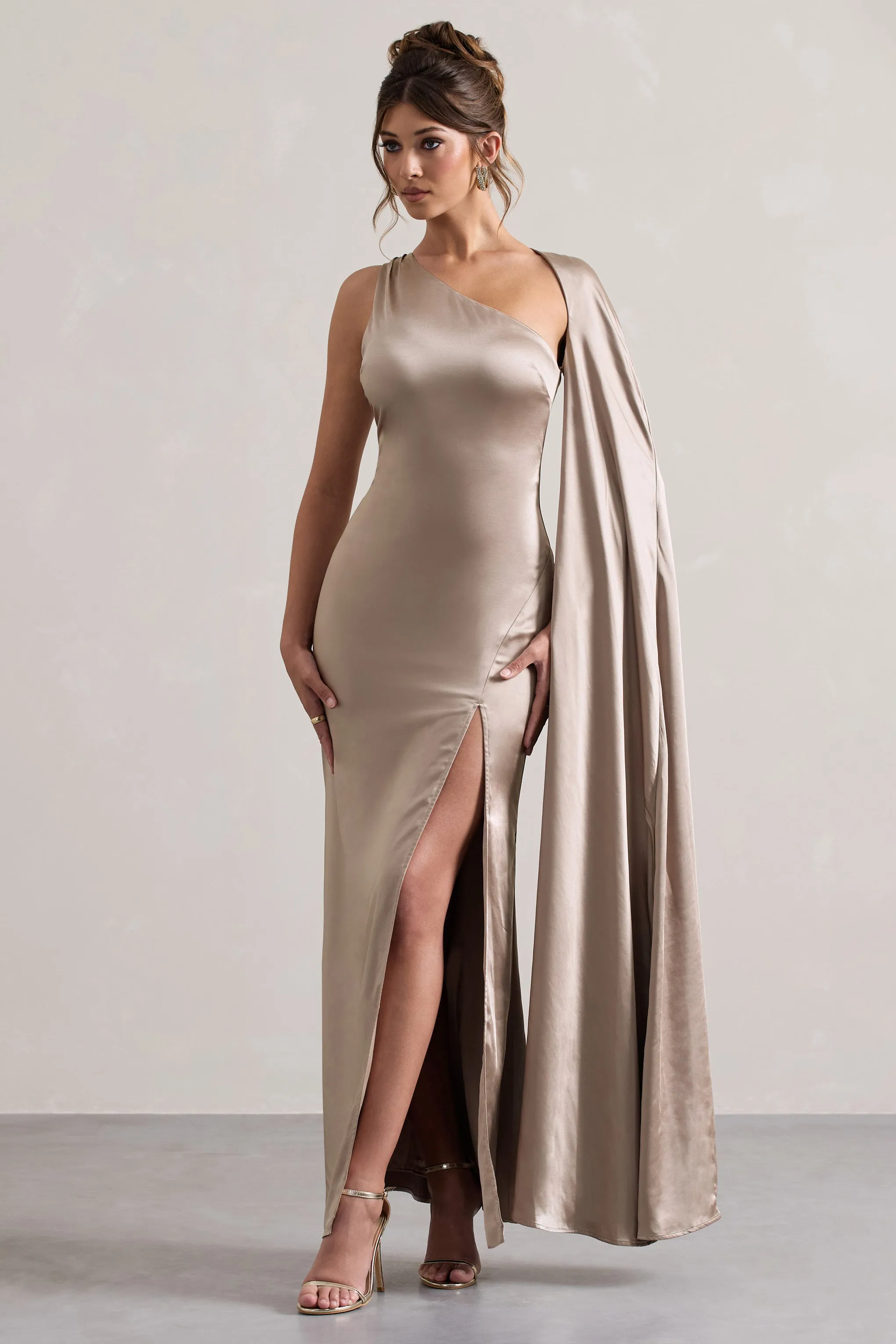 Gala | Taupe Satin One-Shoulder Cape Sleeve Split Maxi Dress sold by Club L London product image thumbnail 5