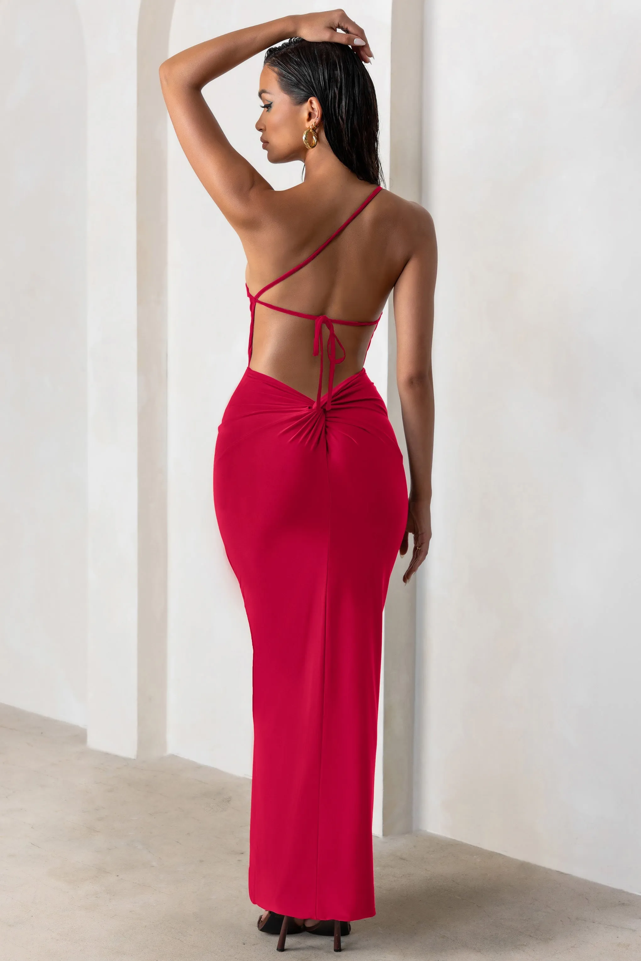 Dressing Up | Red One Shoulder Maxi Dress With Open Back Detail sold by Club L London