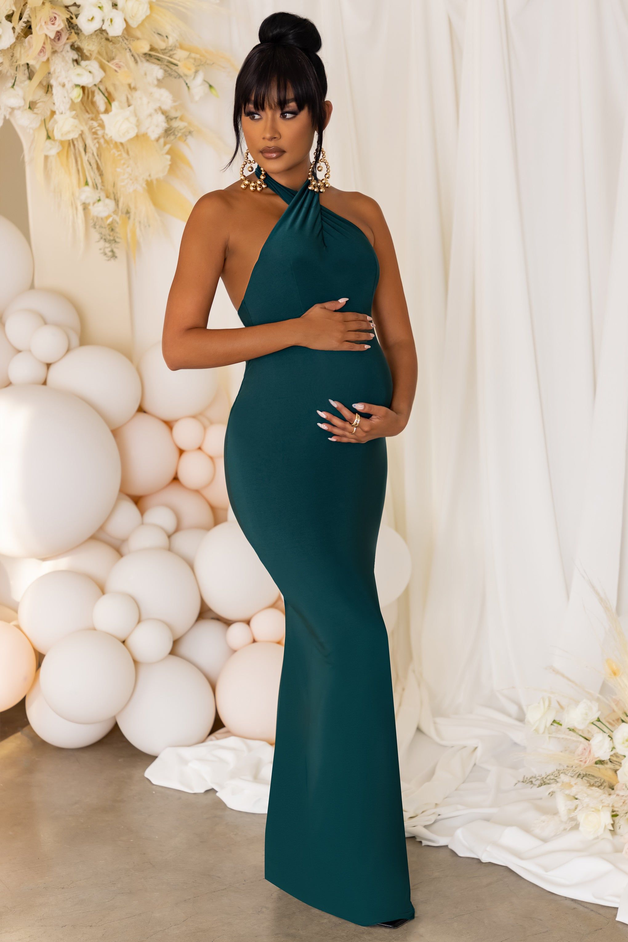 Meet You Soon | Bottle Green Maternity Halterneck Maxi Dress sold by Club L London product image thumbnail 4