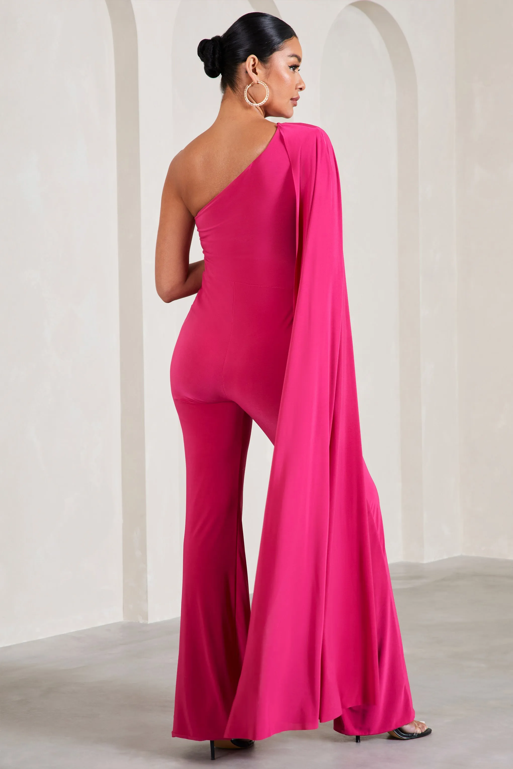 Sing To Sleep | Hot Pink Maternity One Shoulder Cape Jumpsuit sold by Club L London product image thumbnail 2