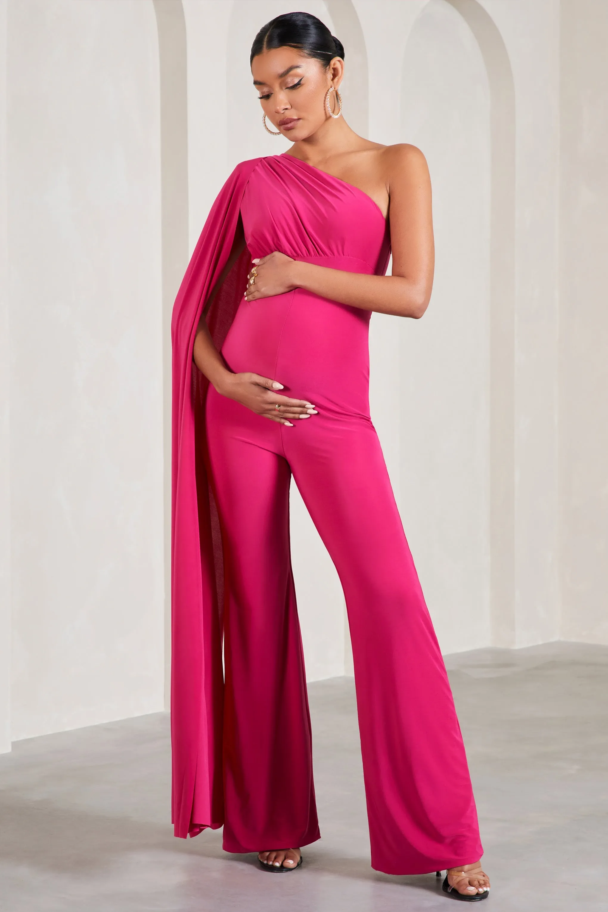 Sing To Sleep | Hot Pink Maternity One Shoulder Cape Jumpsuit sold by Club L London product image thumbnail 4