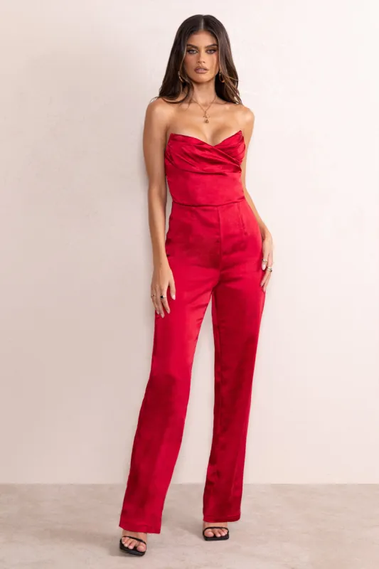 Amiah | Berry Red Satin Strapless Straight Leg Jumpsuit sold by Club L London