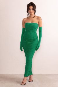 My Lady | Emerald Green Strapless Bodycon Ruched Mesh Maxi Dress sold by Club L London