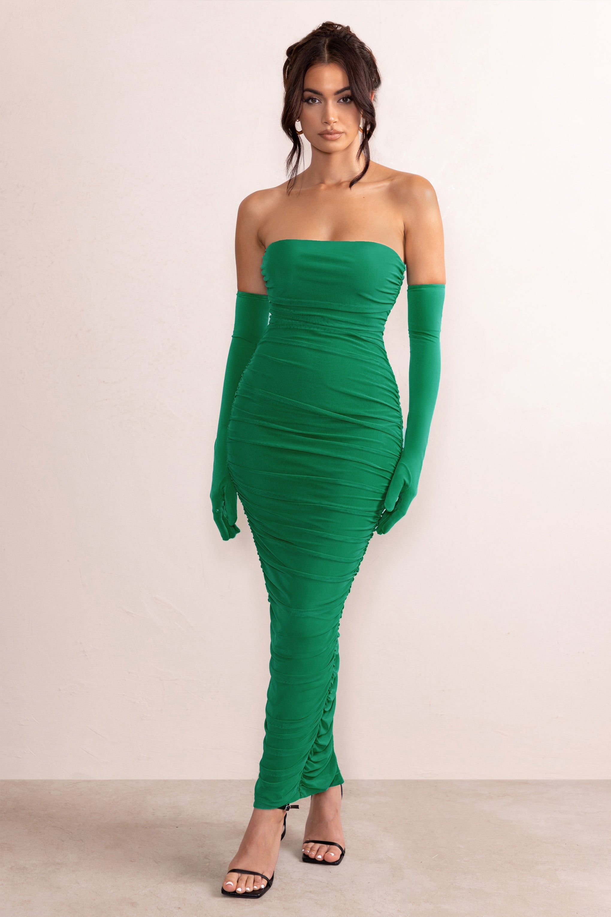 My Lady | Emerald Green Strapless Bodycon Ruched Mesh Maxi Dress sold by Club L London product image thumbnail 5