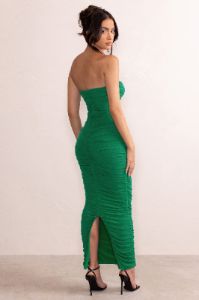 My Lady | Emerald Green Strapless Bodycon Ruched Mesh Maxi Dress sold by Club L London