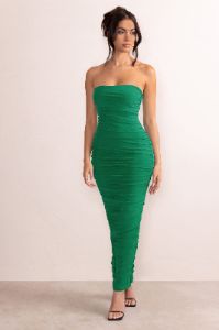 My Lady | Emerald Green Strapless Bodycon Ruched Mesh Maxi Dress sold by Club L London