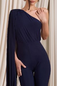 Aurora | Navy One Shoulder Cape Sleeve Jumpsuit sold by Club L London