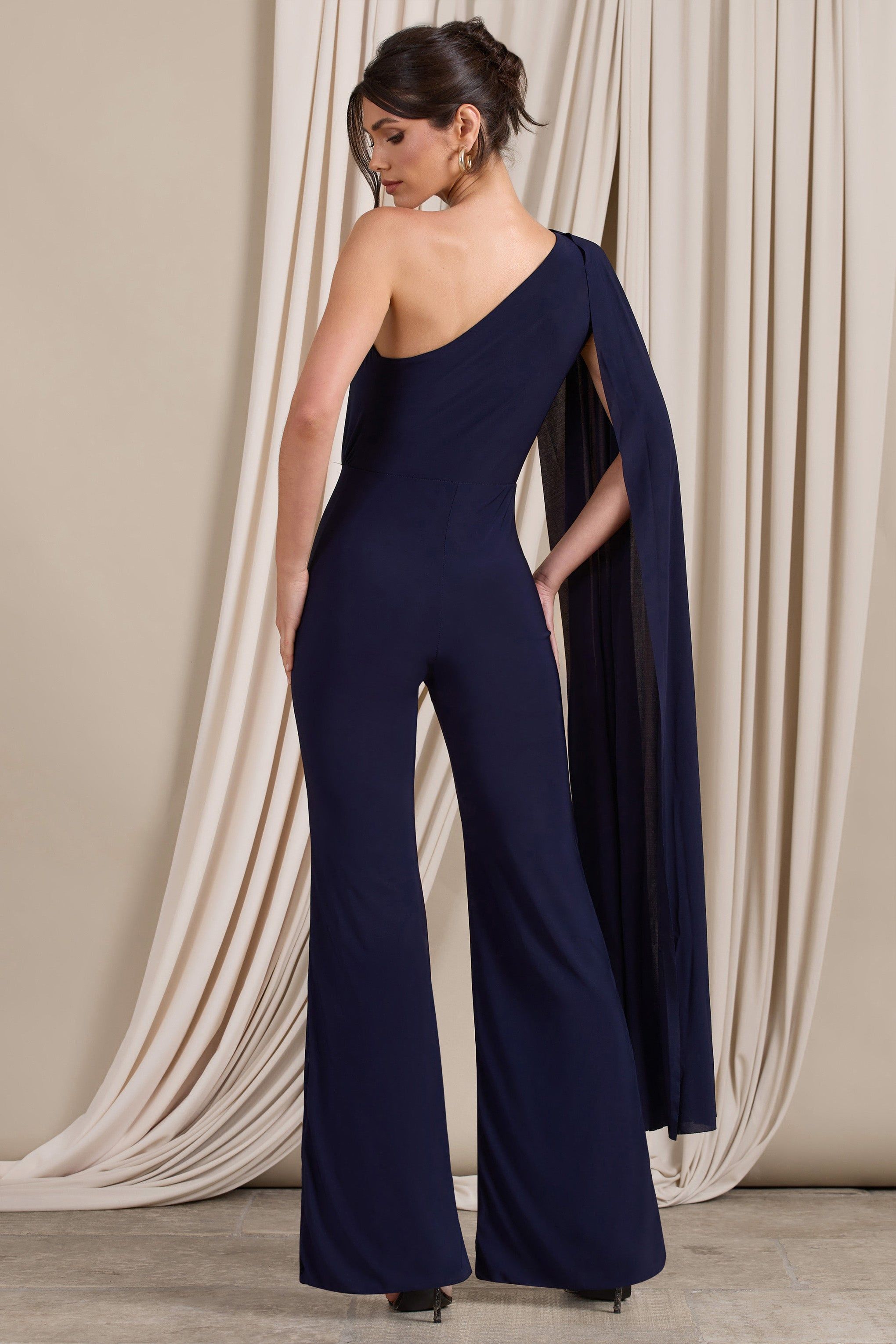 Aurora | Navy One Shoulder Cape Sleeve Jumpsuit sold by Club L London product image thumbnail 2