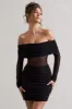 Dallas | Black Ruched Bardot Long-Sleeve Micro Mini Dress sold by Club L London