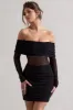 Dallas | Black Ruched Bardot Long-Sleeve Micro Mini Dress sold by Club L London