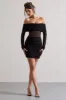 Dallas | Black Ruched Bardot Long-Sleeve Micro Mini Dress sold by Club L London