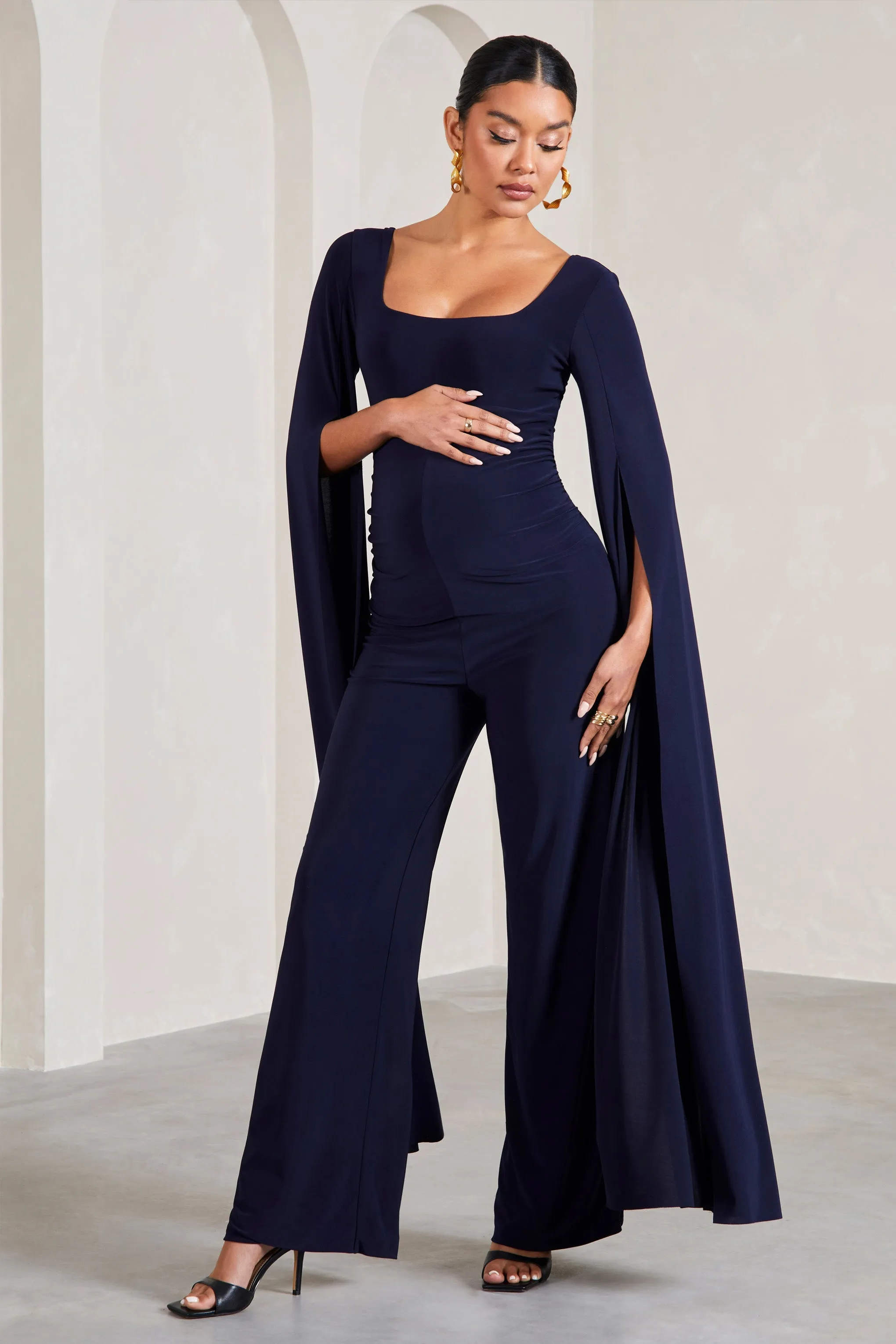 Faith | Navy Square-Neck Straight-Leg Maternity Jumpsuit With Cape Sleeves sold by Club L London product image thumbnail 5