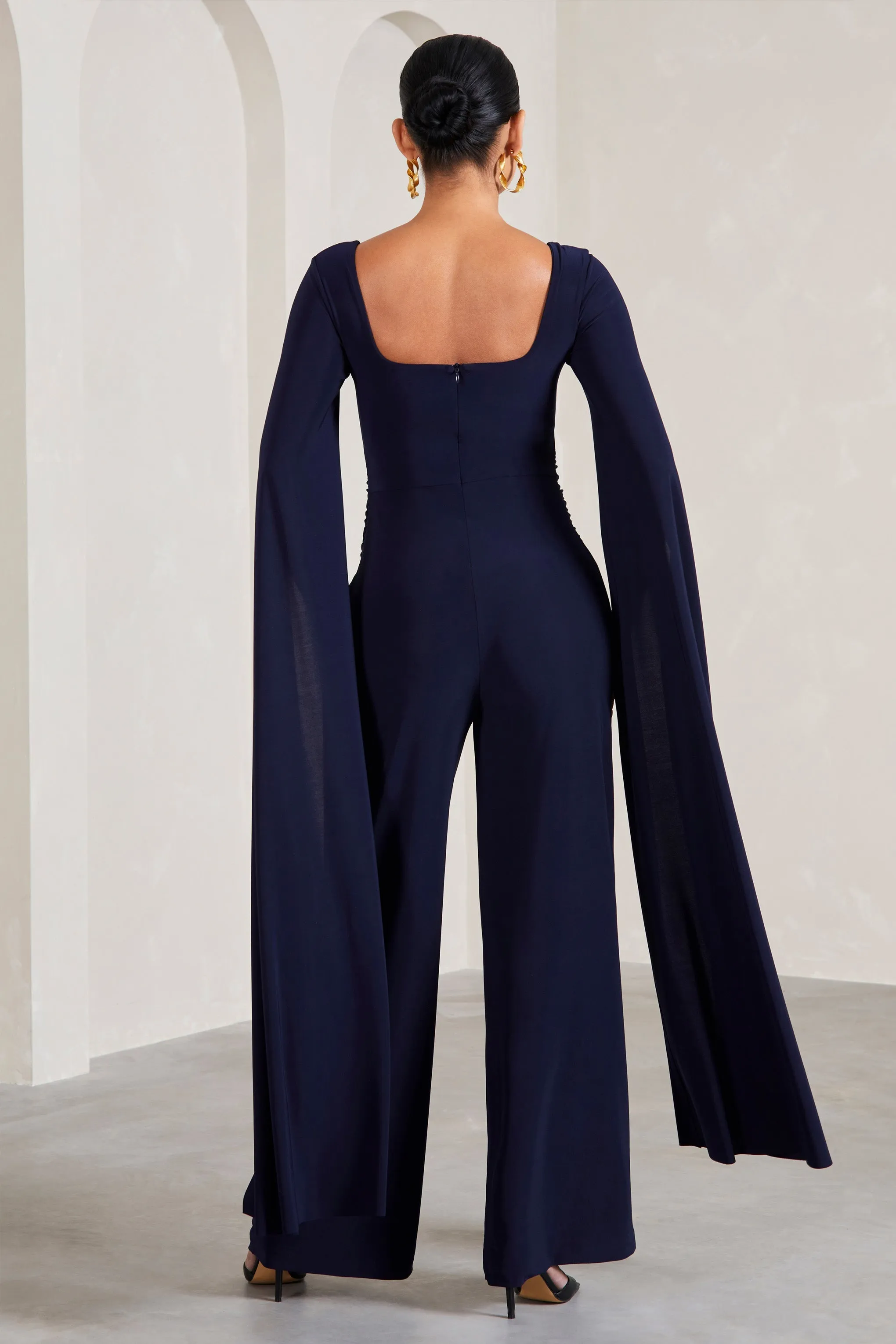 Faith | Navy Square-Neck Straight-Leg Maternity Jumpsuit With Cape Sleeves sold by Club L London product image thumbnail 2