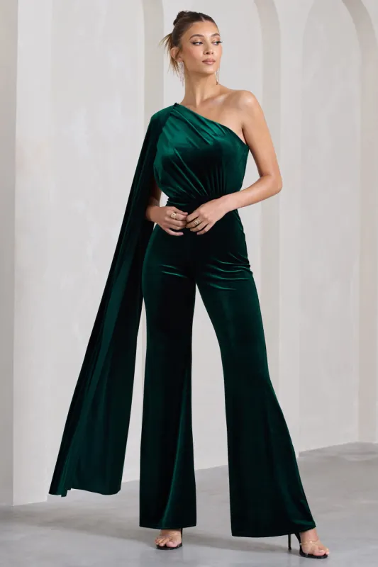 Aurora | Bottle Green Velvet One Shoulder Cape Sleeve Jumpsuit sold by Club L London