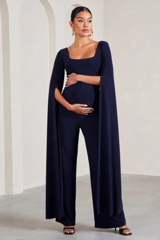 Faith | Navy Square-Neck Straight-Leg Maternity Jumpsuit With Cape Sleeves sold by Club L London