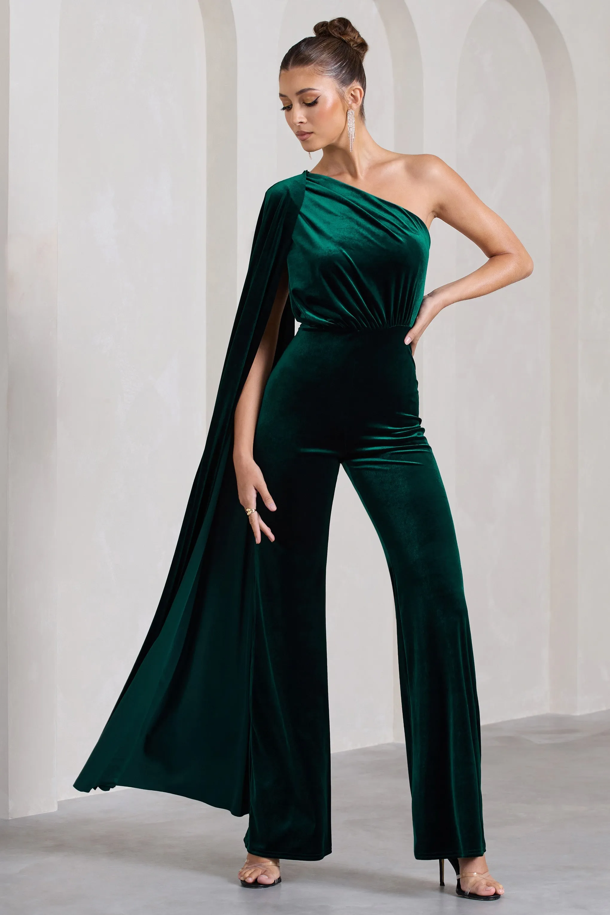 Aurora | Bottle Green Velvet One Shoulder Cape Sleeve Jumpsuit sold by Club L London product image thumbnail 4