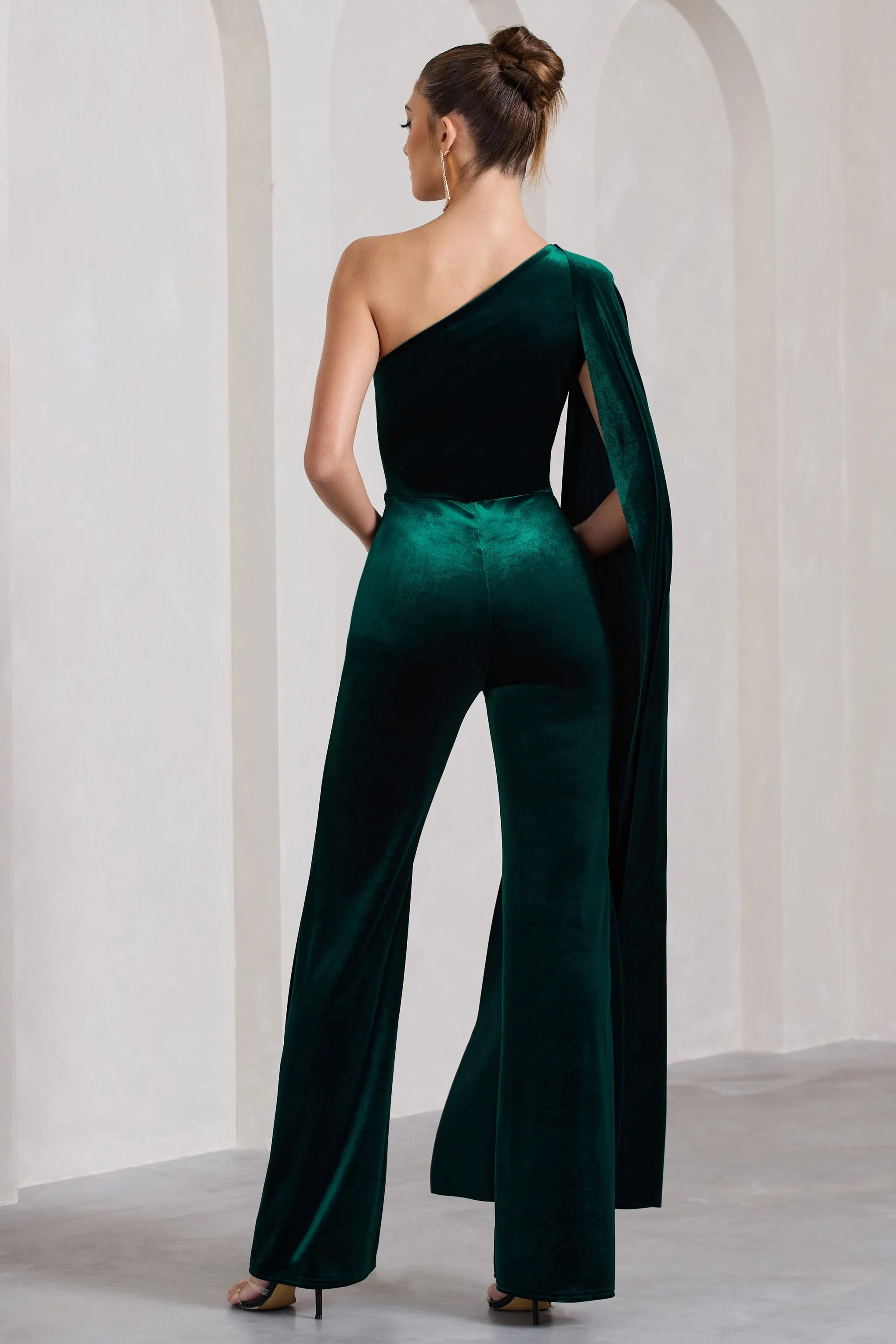 Aurora | Bottle Green Velvet One Shoulder Cape Sleeve Jumpsuit sold by Club L London product image thumbnail 2