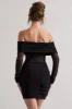 Dallas | Black Ruched Bardot Long-Sleeve Micro Mini Dress sold by Club L London