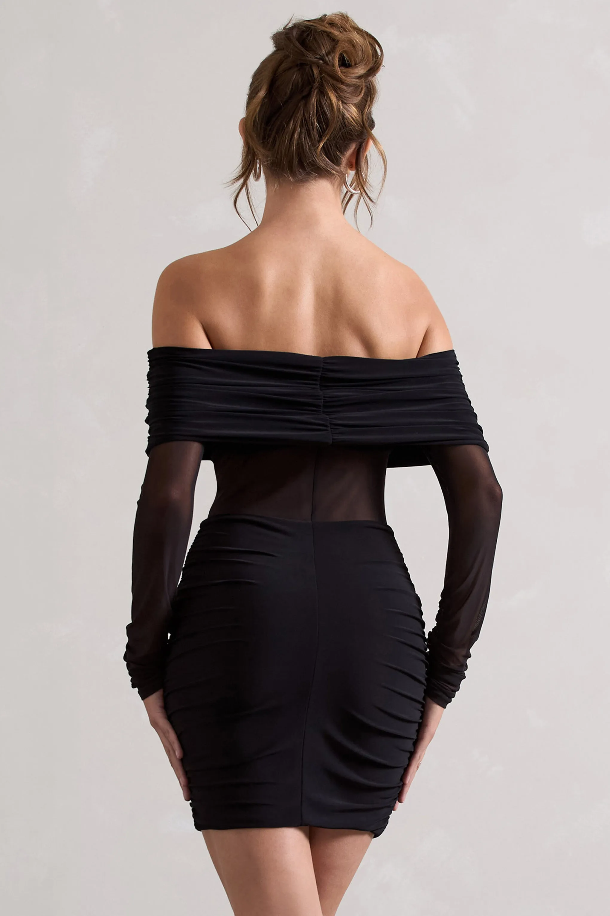 shape black mesh ruched bardot bodycon dress Dallas | Long-Sleeve Micro Mini Bodycon midi