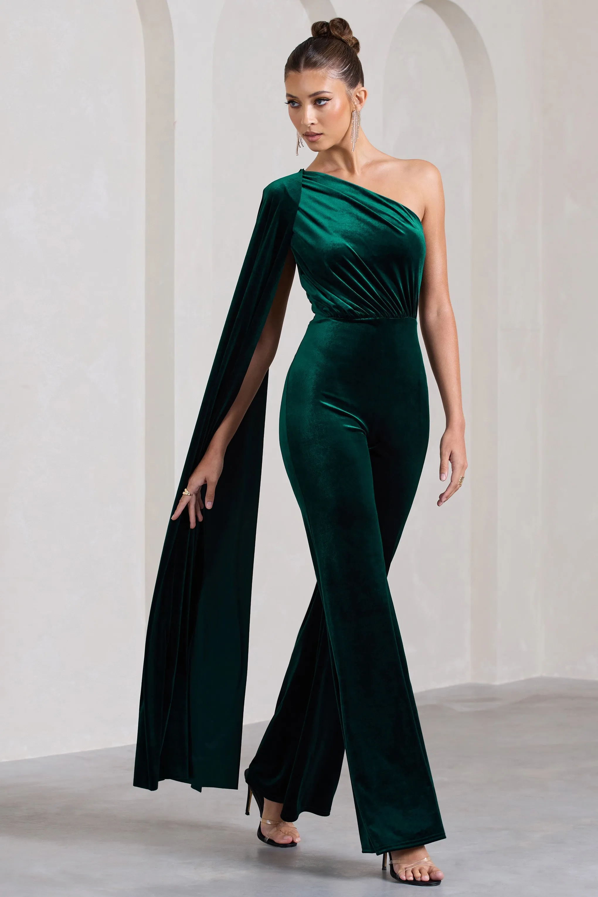 Aurora | Bottle Green Velvet One Shoulder Cape Sleeve Jumpsuit sold by Club L London product image thumbnail 5
