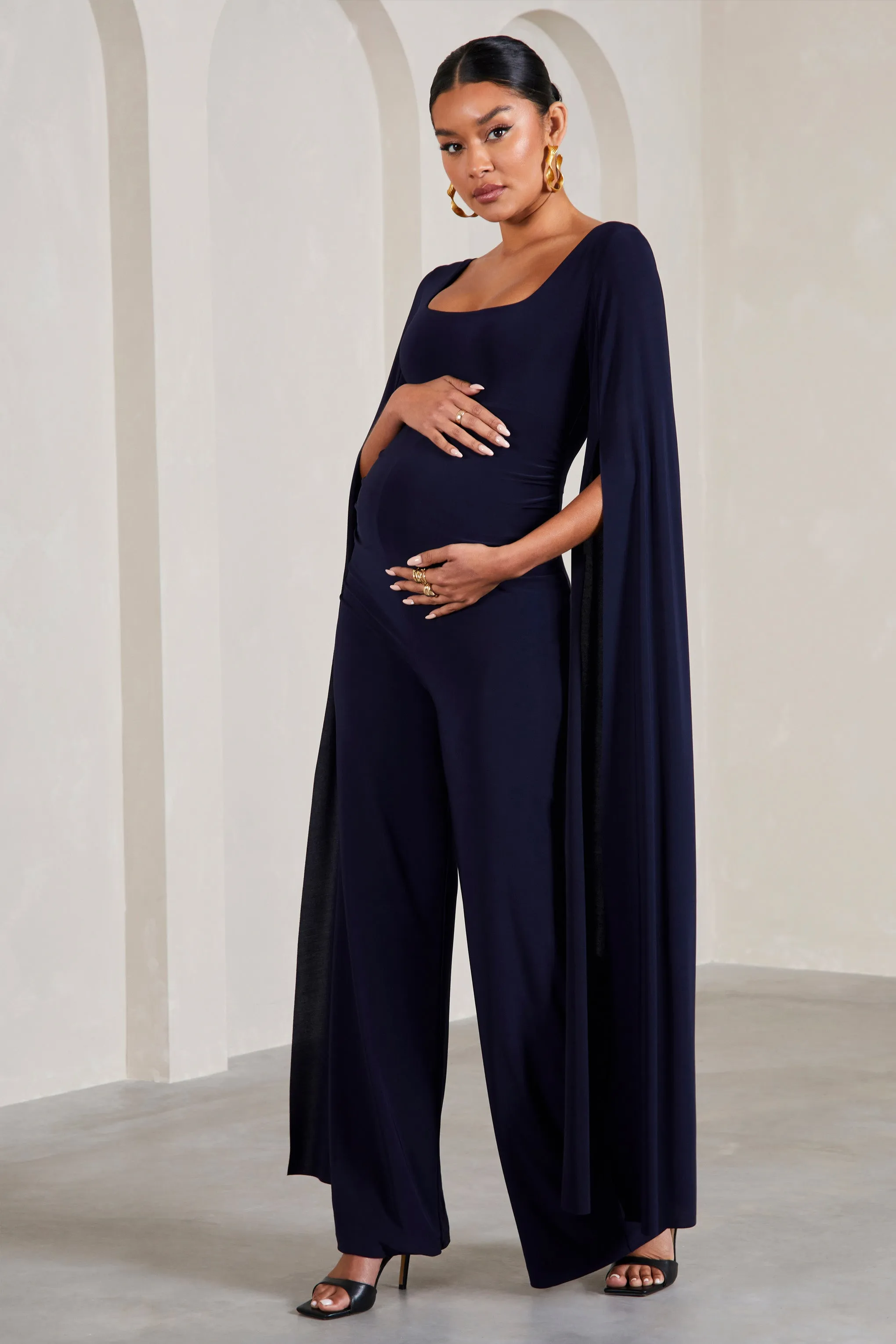 Faith | Navy Square-Neck Straight-Leg Maternity Jumpsuit With Cape Sleeves sold by Club L London product image thumbnail 3