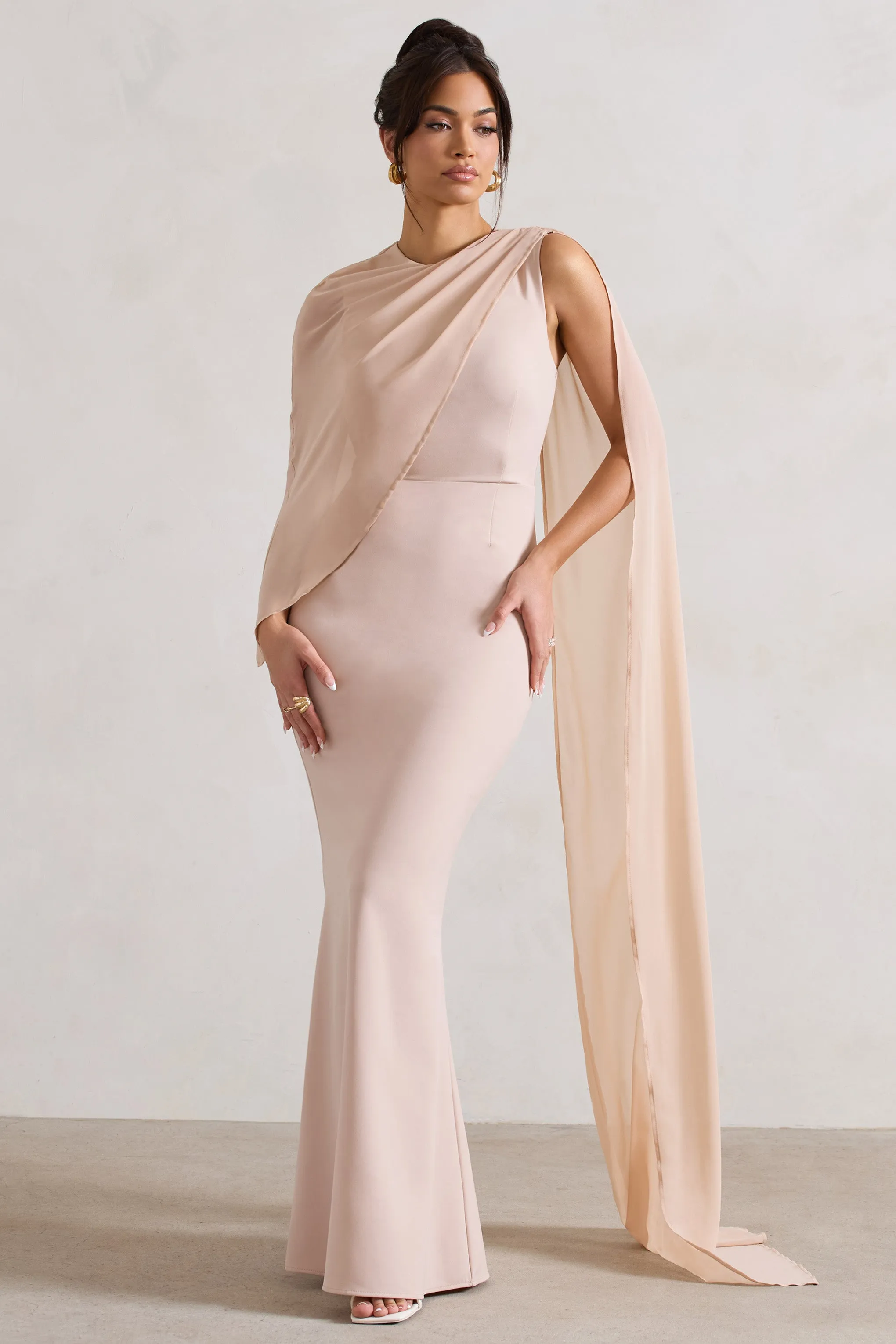 Haze | Champagne High-Neck Maxi Dress With Chiffon Cape sold by Club L London