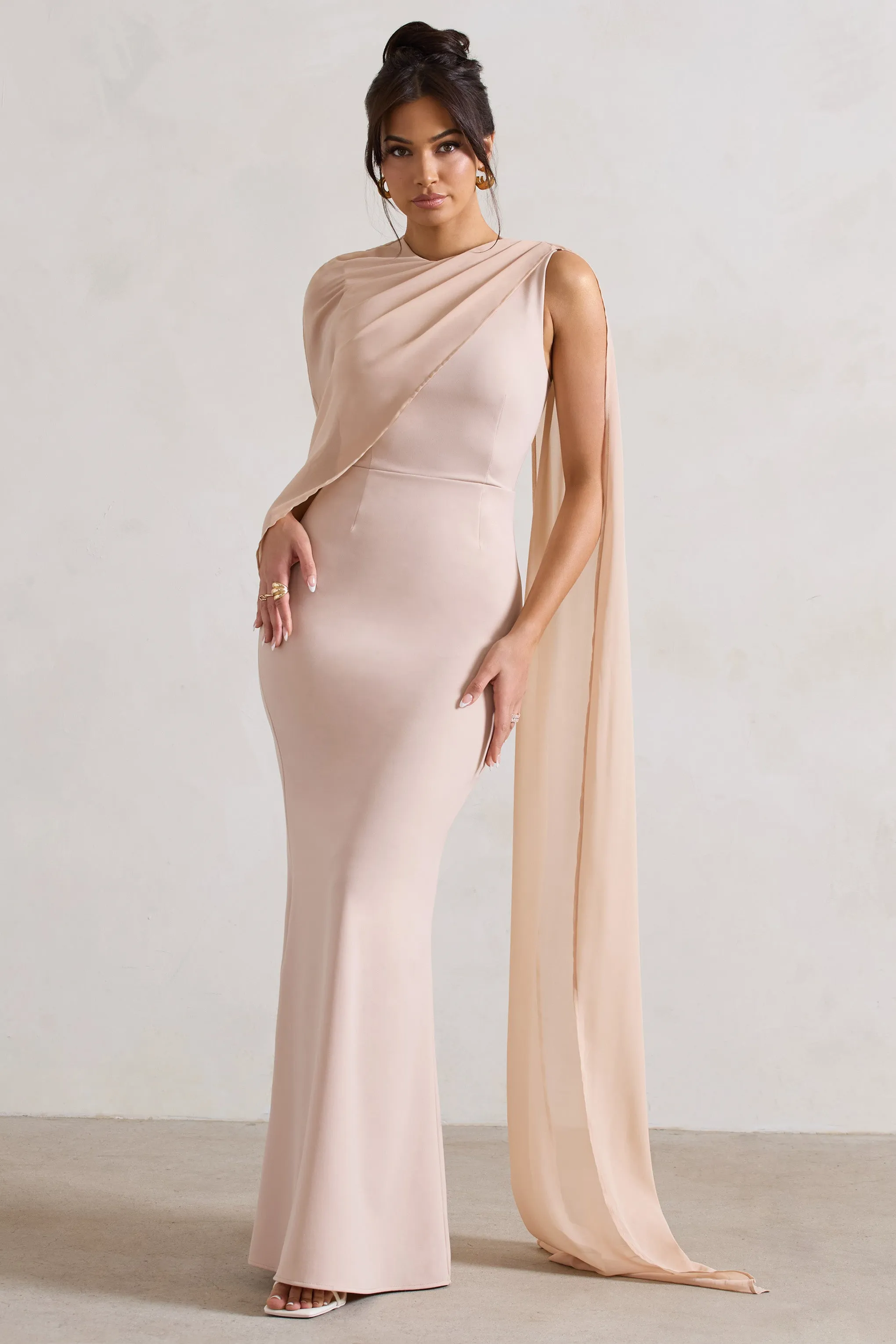 Haze | Champagne High-Neck Maxi Dress With Chiffon Cape sold by Club L London product image thumbnail 4