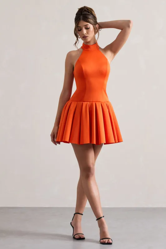 Masterpiece | Orange High-Neck Mini Dress With Volume Hem sold by Club L London