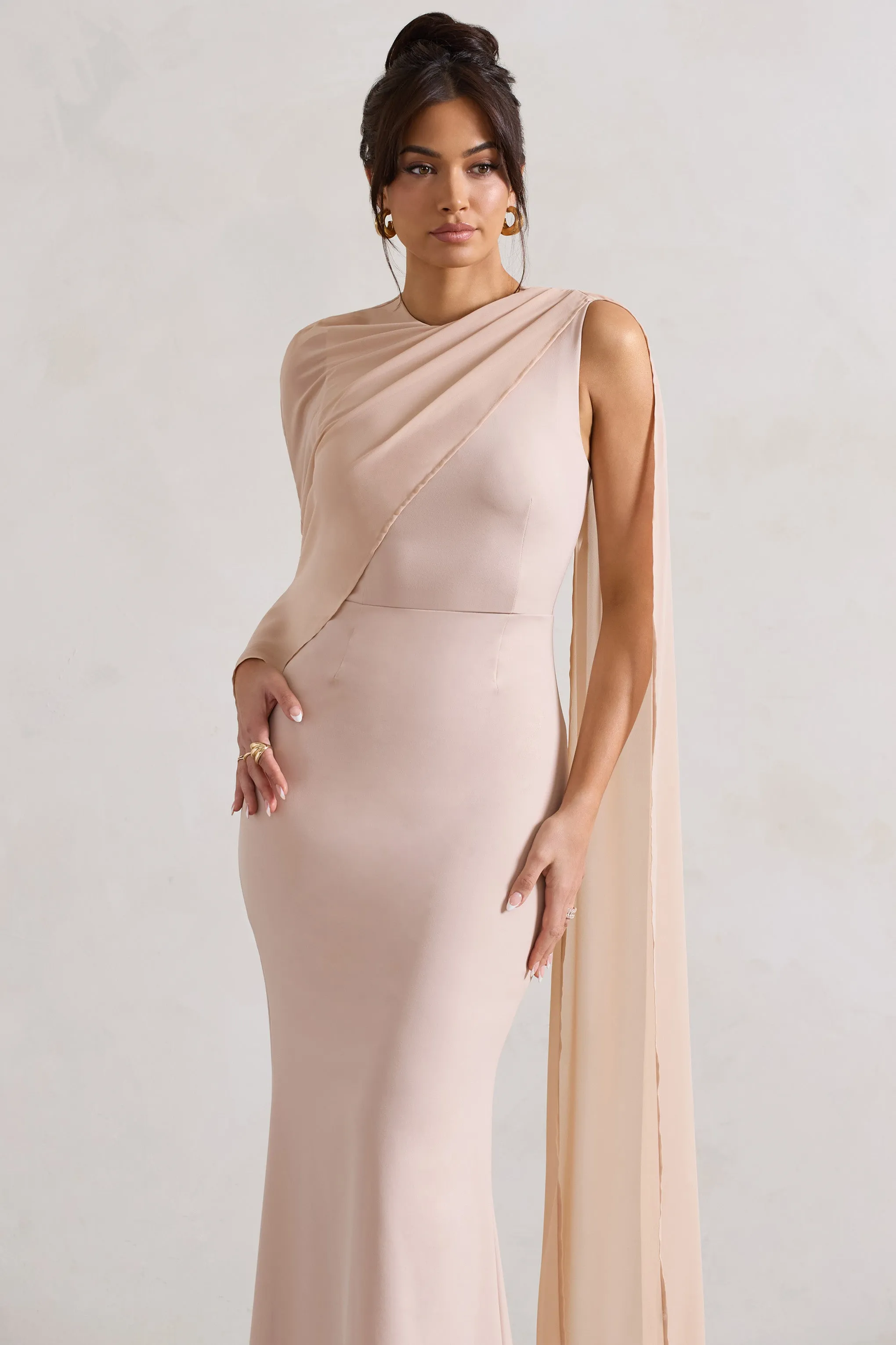 Haze | Champagne High-Neck Maxi Dress With Chiffon Cape sold by Club L London product image thumbnail 3