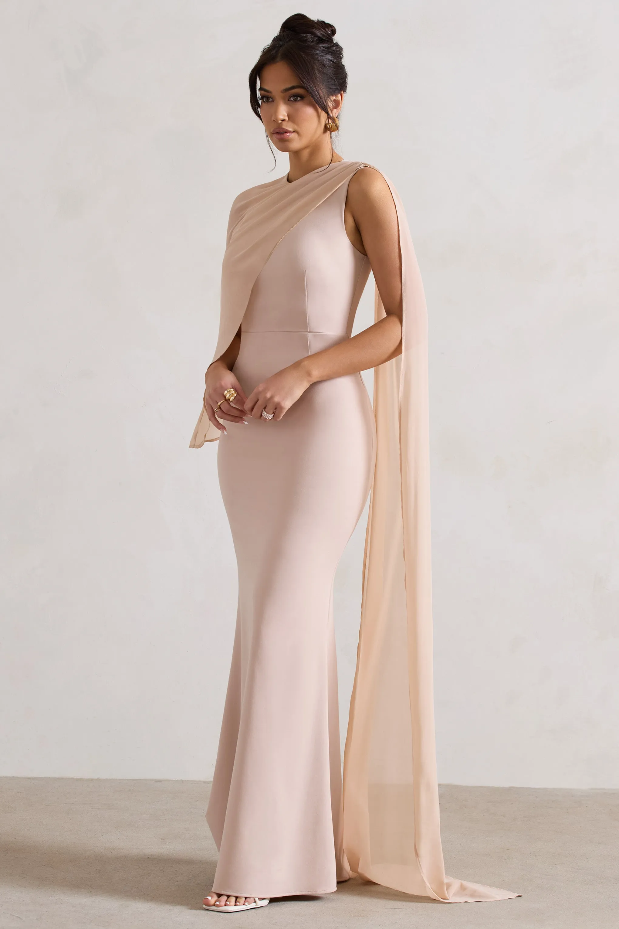 Haze | Champagne High-Neck Maxi Dress With Chiffon Cape sold by Club L London product image thumbnail 5