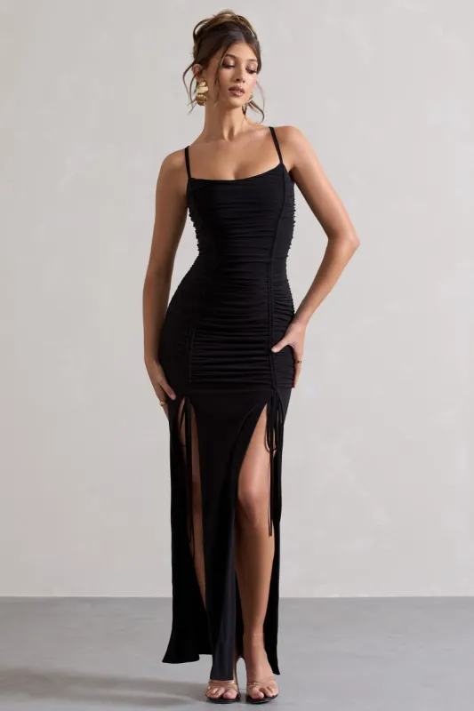 Devon | Black Ruched Strappy Maxi Dress With Splits sold by Club L London