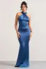 Unstoppable | Navy Satin Cross Over Halterneck Maxi Dress sold by Club L London