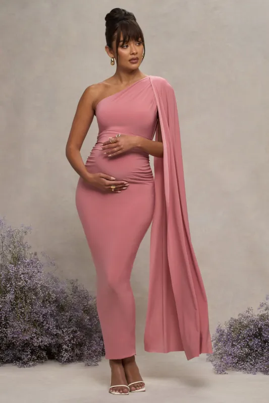 Amaryllis | Blush Pink Maternity One Shoulder Maxi Dress with Cape Sleeve sold by Club L London