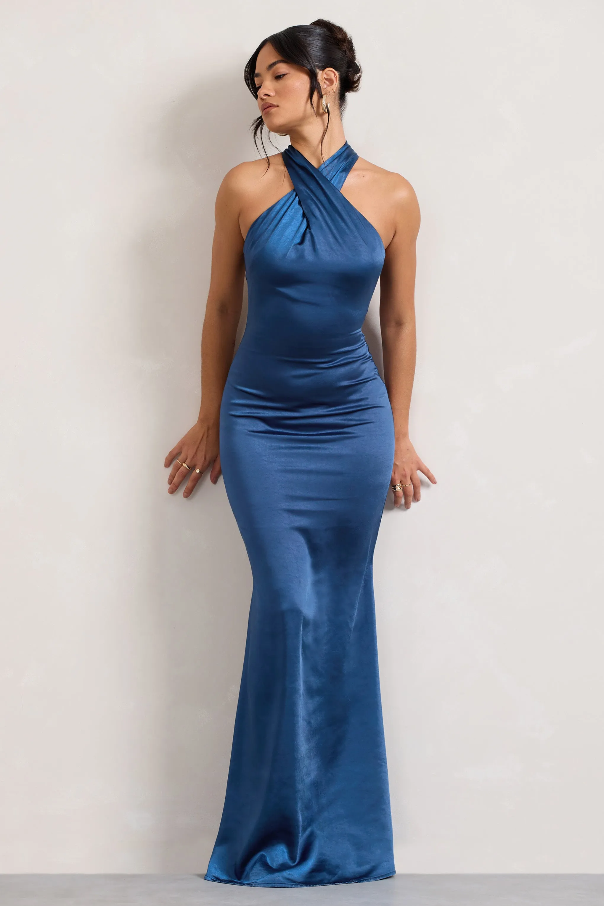 Unstoppable | Navy Satin Cross Over Halterneck Maxi Dress sold by Club L London