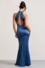 Unstoppable | Navy Satin Cross Over Halterneck Maxi Dress sold by Club L London