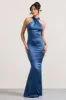 Unstoppable | Navy Satin Cross Over Halterneck Maxi Dress sold by Club L London