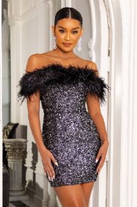 Flashy | Petite Black Sequin Mini Dress With Feather Bardot sold by Club L London