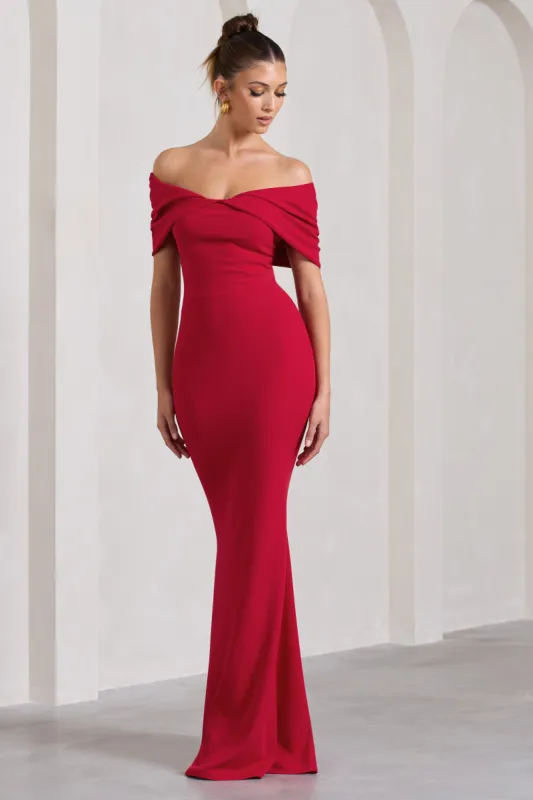Dana | Red Bardot Maxi Dress With Short Gathered Sleeves sold by Club L London