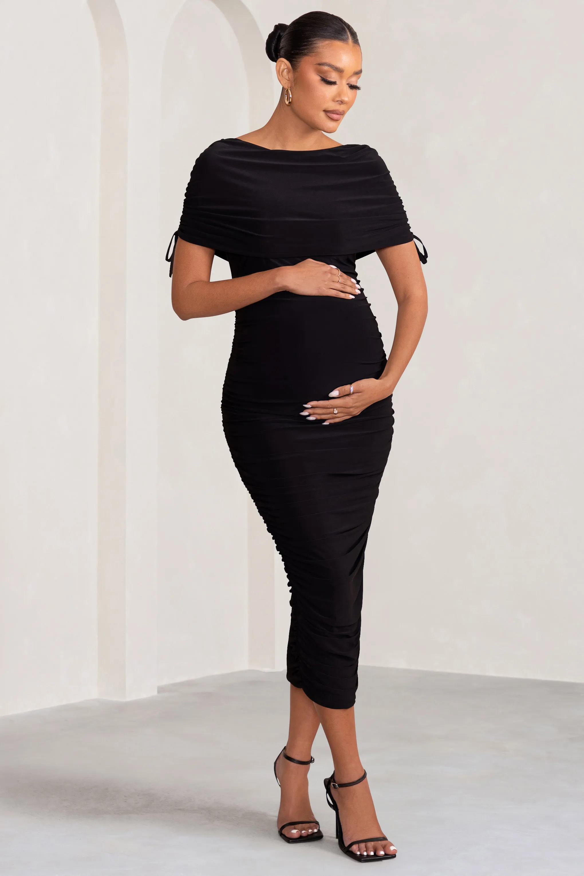 Roxanne | Black Ruched Bardot Maternity Midi Dress sold by Club L London