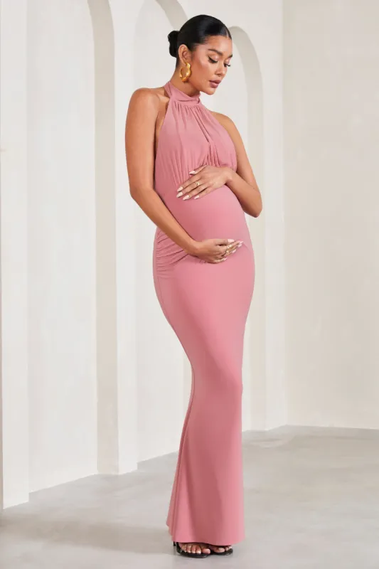 In My Heart | Blush Pink Mesh Halter-Neck Sleeveless Maternity Maxi Dress sold by Club L London