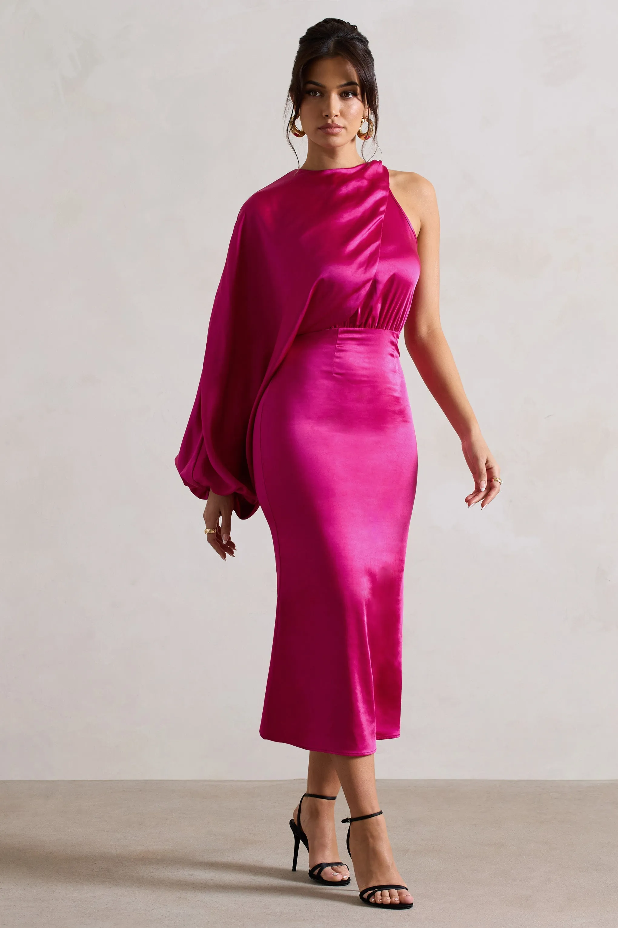 Nola | Dark Pink Satin One-Sleeve Midi Dress sold by Club L London product image thumbnail 4