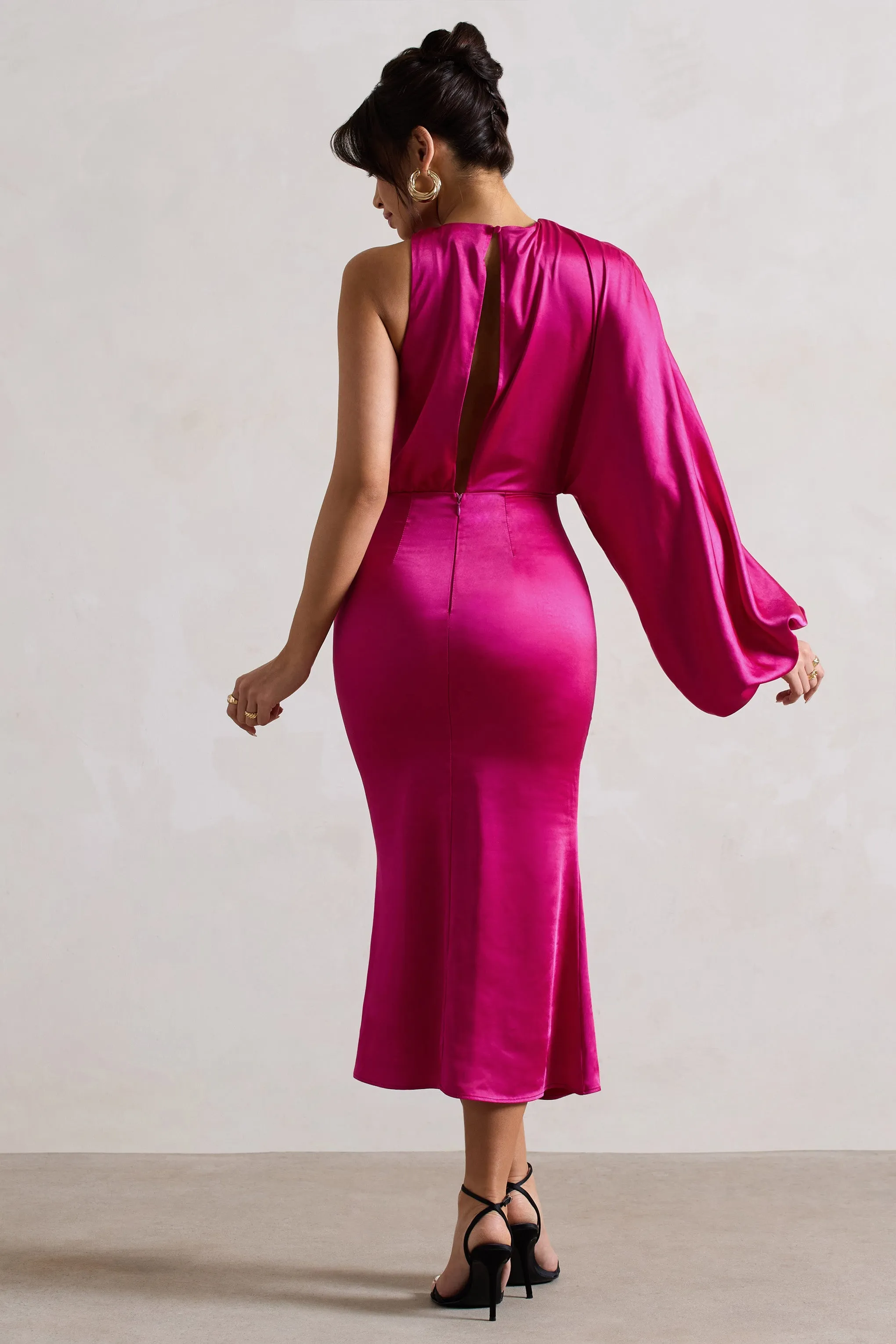 Nola | Dark Pink Satin One-Sleeve Midi Dress sold by Club L London product image thumbnail 2