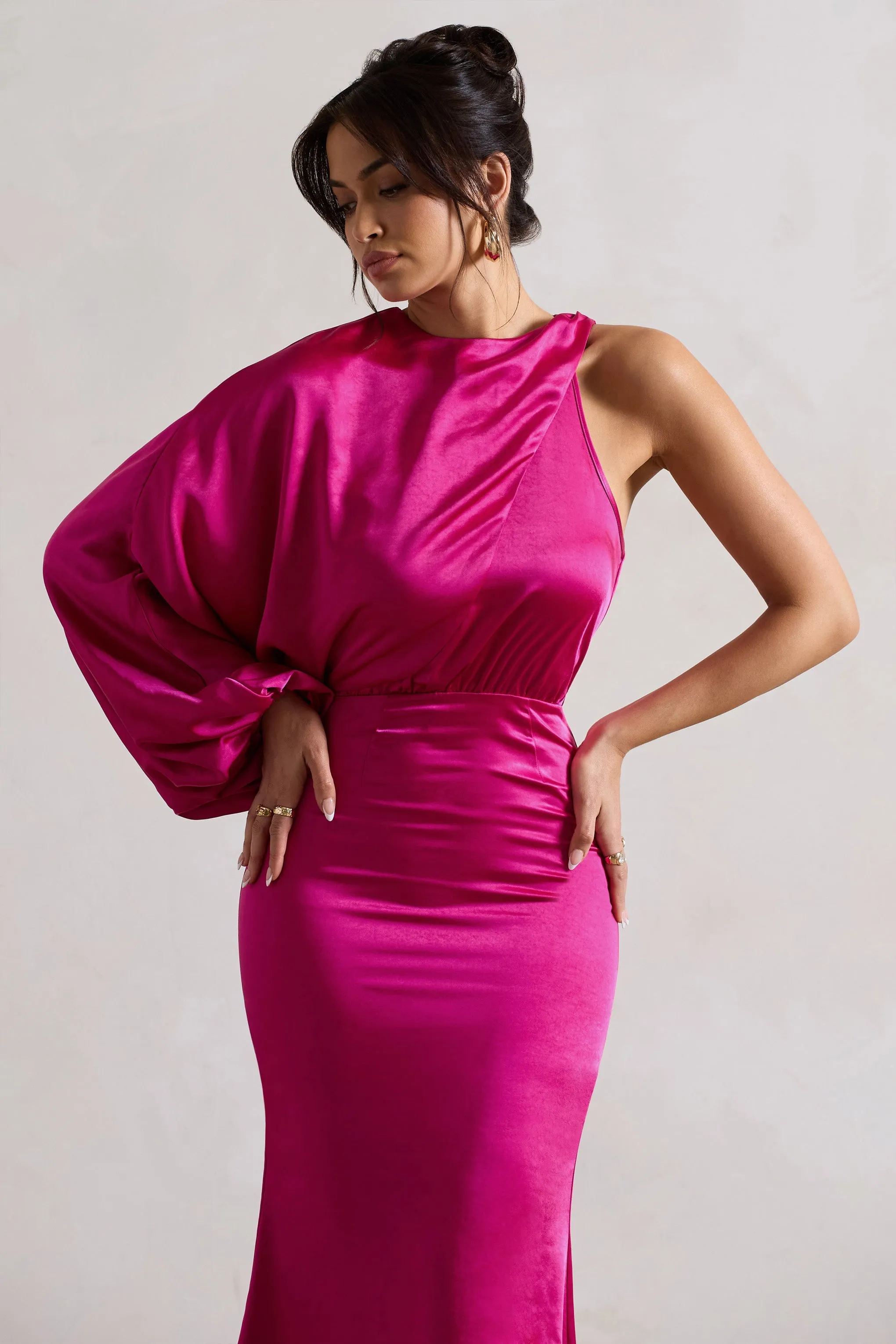Nola | Dark Pink Satin One-Sleeve Midi Dress sold by Club L London product image thumbnail 3