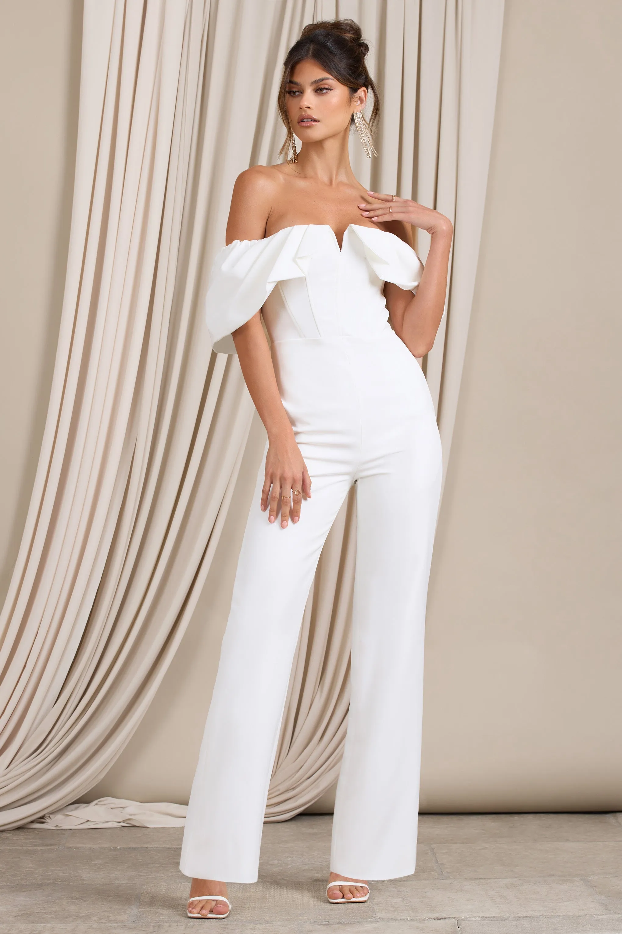Time Will Tell | White Off The Shoulder Wide Leg Jumpsuit sold by Club L London