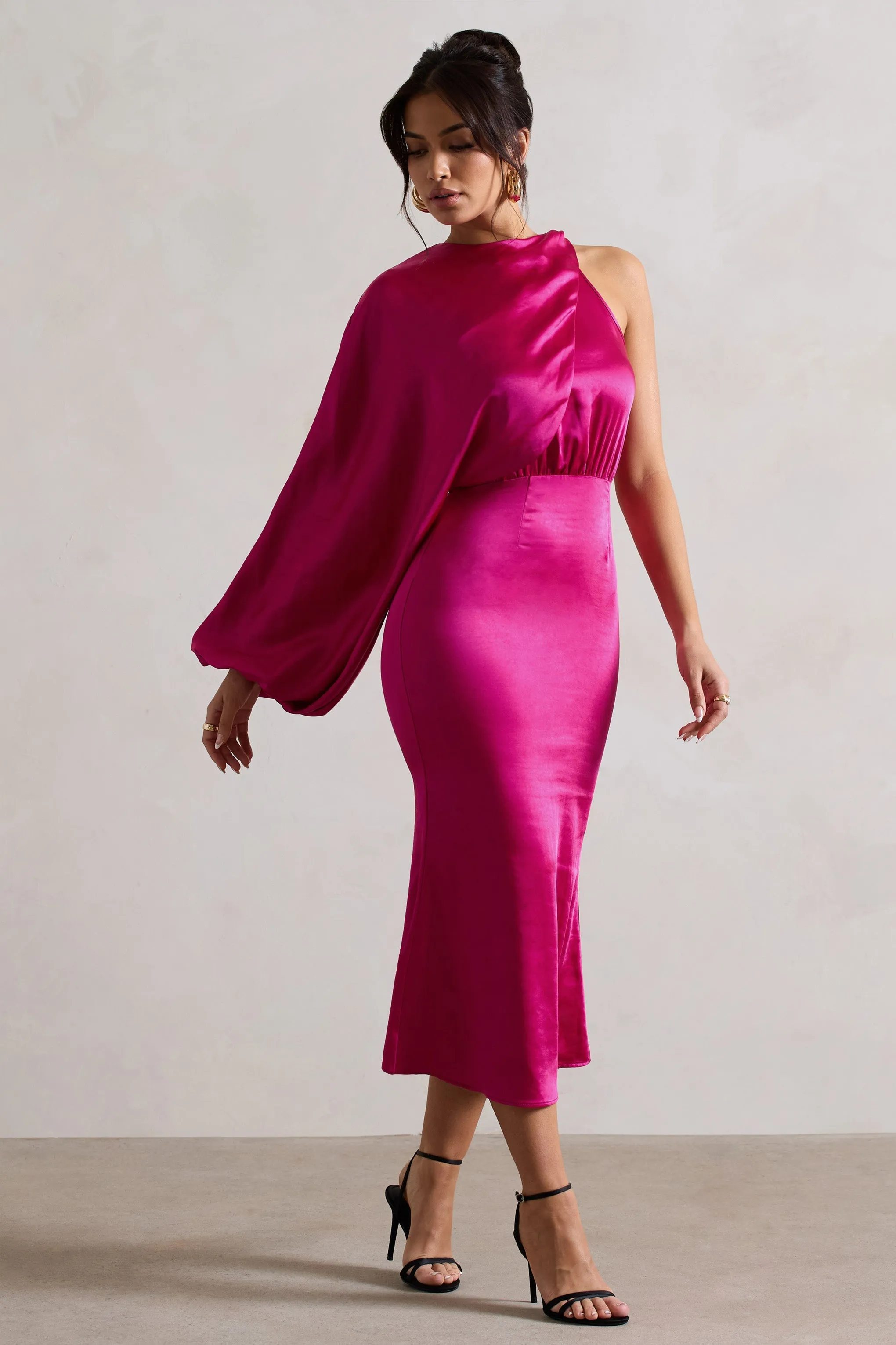 Nola | Dark Pink Satin One-Sleeve Midi Dress sold by Club L London product image thumbnail 5